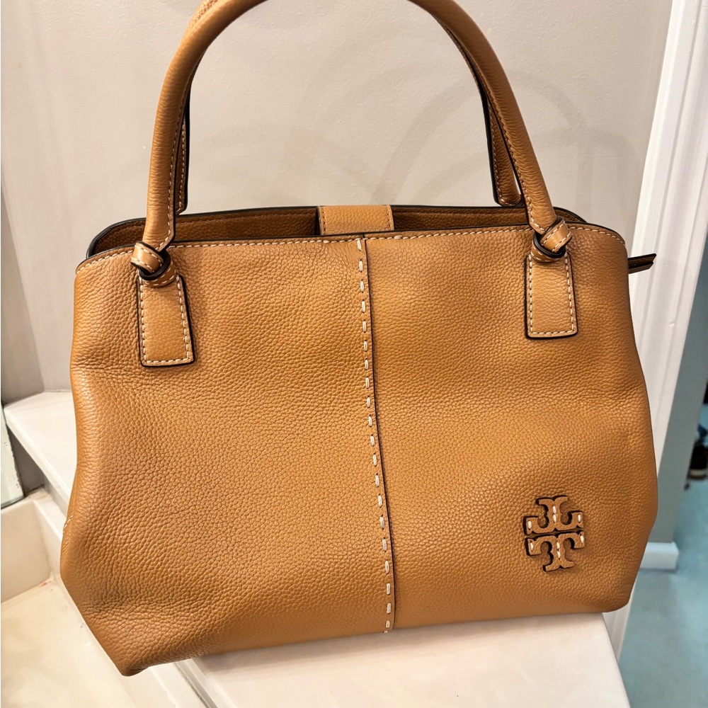 Tory Burch Tan Satchel with Structured Shape and Gold Hardware